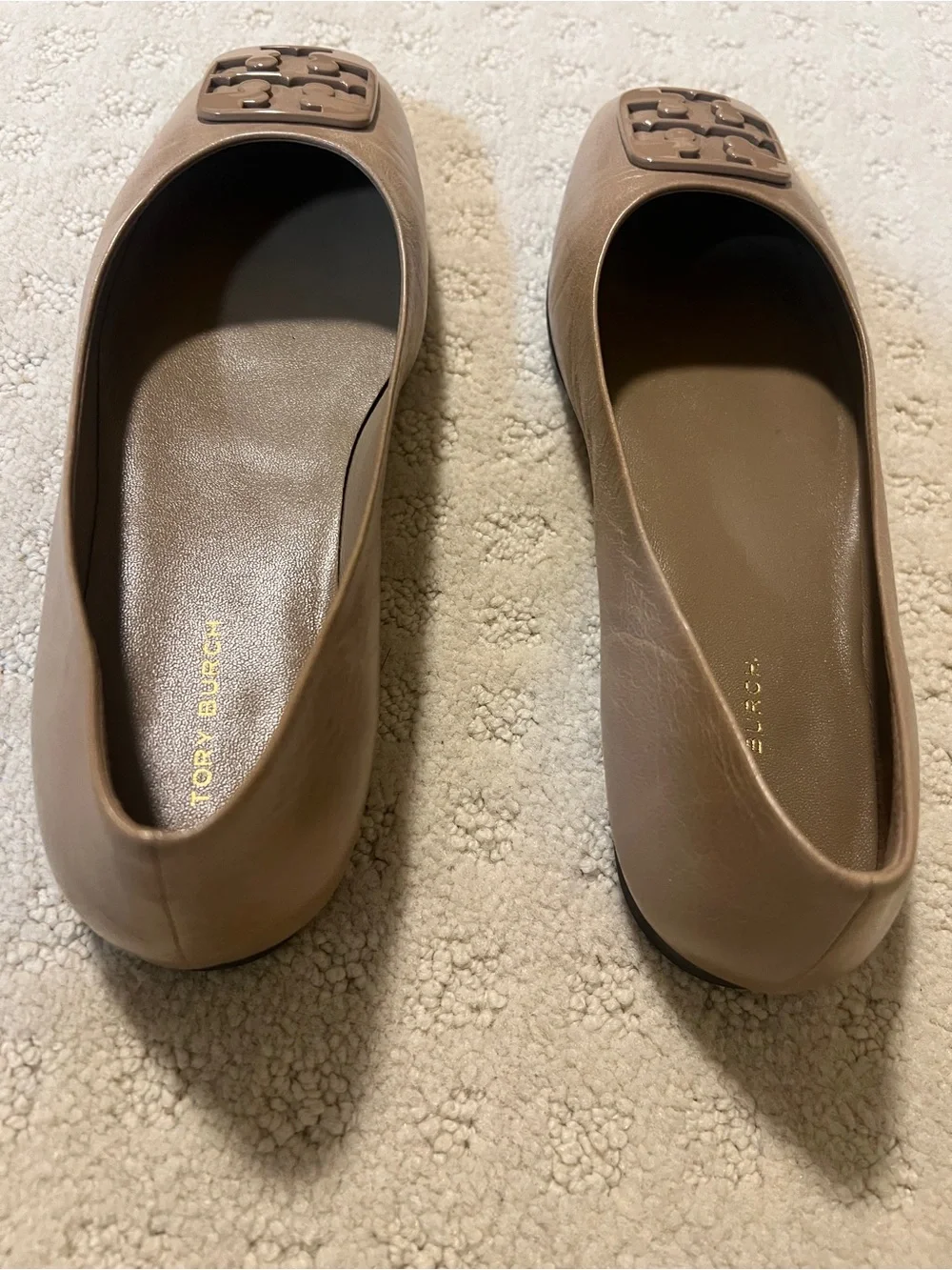 Tory Burch Nude Patent Logo Square-Toe Flats